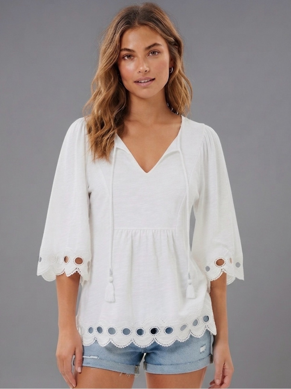 Boden White Eyelet Embroidered Peplum Blouse Tunic Top Boho Size 12-14